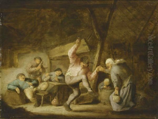 Peasants In An Inn With A Couple Dancing To The Music Of A Bagpipe Player And Others Drinking And Smoking At A Table Oil Painting by Adriaen Jansz. Van Ostade