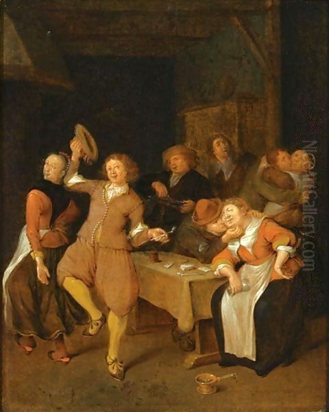 A Brothel Scene With A Couple Dancing, Two Couples Embracing And A Man Making Music Oil Painting by Jan Miense Molenaer