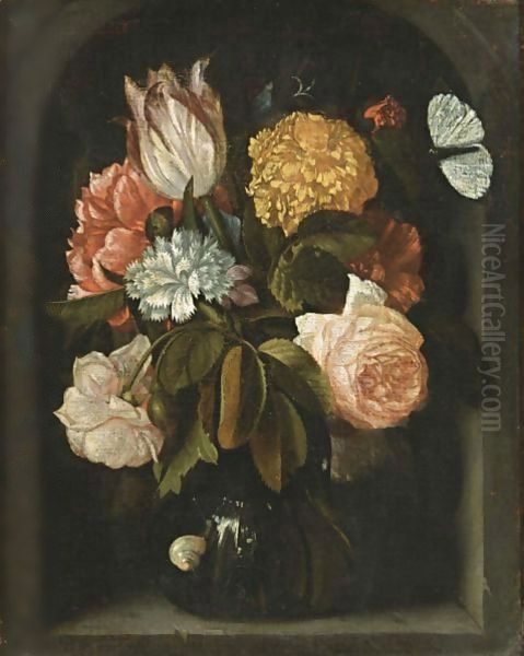 A Still Life With Roses, A Tulip, Carnations, A Peony And Other Flowers, All In A Glass Vase, With A Snail And A Butterfly, In A Stone Niche Oil Painting by Jan Pauwel Gillemans The Elder