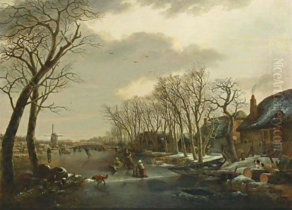 A Winter Landscape With A Woman Skating Behind A Sledge, A Girl Skating With A Chair, And Other Figures Skating And A Dog On A Frozen Canal Near A Village With A Mill Beyond Oil Painting by Arnoldus Van Well