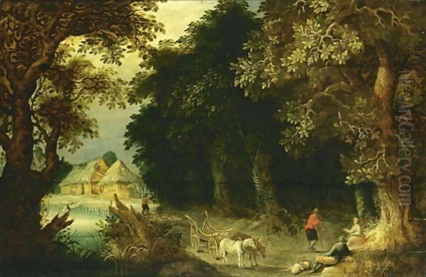 A Wooded Landscape With Travellers Resting Near A Tree, With A Horse-Drawn Wagon On A Path Near A Stream And Farmhouses Beyond Oil Painting by Abraham Govaerts