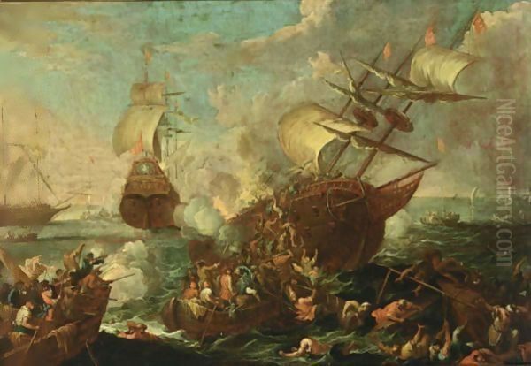 A Naval Battle Scene With Ottoman And Christian Soldiers Fighting Aboard A Ottoman Ship, Other Shipping Beyond Oil Painting by Cornelis de Wael