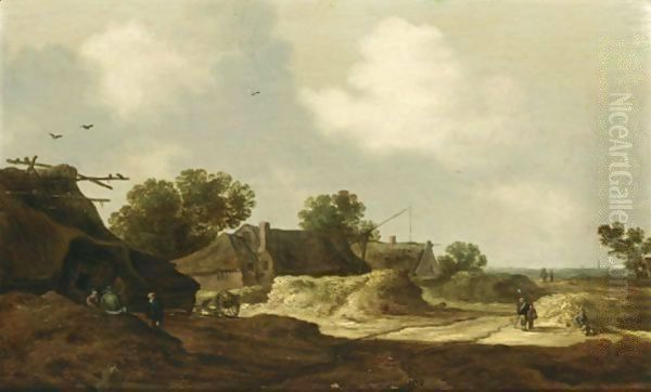 A Dune Landscape With Travellers On A Path And Peasants Resting Near Farms Oil Painting by Pieter de Neyn