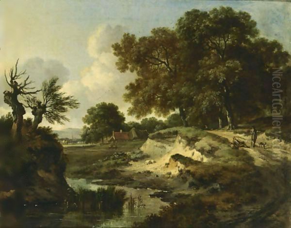 A Wooded Landscape With Travellers And A Dog On A Path Near A Stream, A Farm Beyond Oil Painting by Jan Wijnants