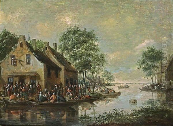 A River Landscape With Boats On The Water And Figures Drinking Outside An Inn Oil Painting by Thomas Heeremans