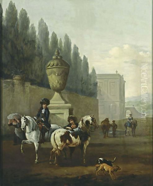 A Landscape With Two Horsemen And Two Dogs Near A Walled Garden, Other Horsemen In The Background Near A Palace Oil Painting by Pieter Wouwermans or Wouwerman