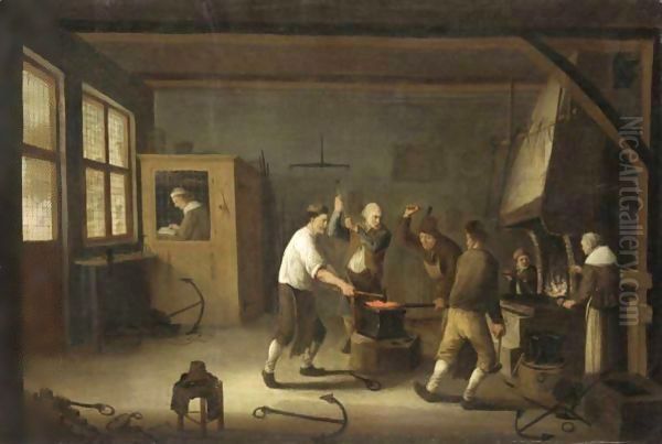 Interior Of A Blacksmith's Forge Oil Painting by Cornelis Beelt