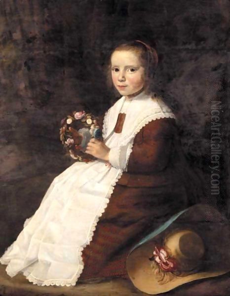 Portrait Of A Young Girl, Full Length, Seated In A Landscape, Wearing A Brown Dress And Holding A Garland Of Flowers Oil Painting by Hendrick Van Vliet