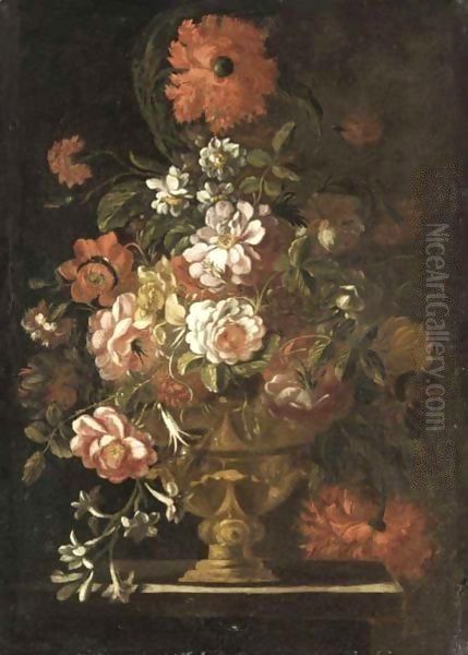 A Still Life Of Various Flowers In Vase Resting On A Ledge Oil Painting by Italian School