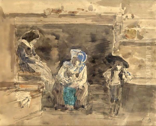 Famille Bretonne Devant La Cheminee Oil Painting by Eugene Boudin