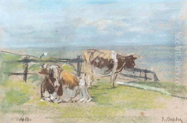 Vaches Sur La Falaise A Villerville Oil Painting by Eugene Boudin