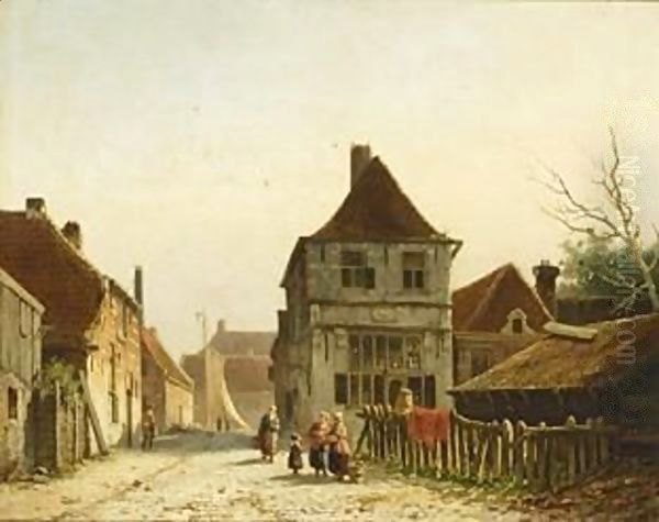 Conversing Women In The Streets Of A Dutch Town Oil Painting by Adrianus Eversen