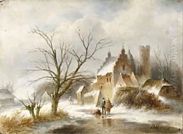 A Winter Landscape With Figures On A Frozen Waterway Oil Painting by Jan Evert Morel