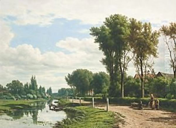 A Summer Landscape With Figures Walking Along A Waterway Oil Painting by Jacob Jan van der Maaten