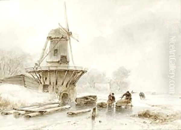 A Winter Landscape With A Windmill And Skaters On The Ice Oil Painting by Andreas Schelfhout