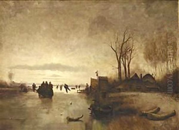 A Winter Landscape With Skaters Near A A'Koek En Zopie A' Oil Painting by Jan Evert Morel