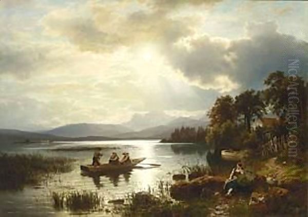 Figures Boating On The Chiemsee Oil Painting by August Wilhelm Leu