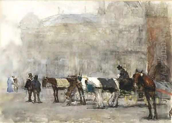 Carriages At De Plaats, The Hague, With The Societeit Place Royale In The Background Oil Painting by Floris Arntzenius