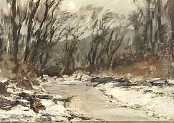 A Wooded Winter Landscape Oil Painting by Louis Apol