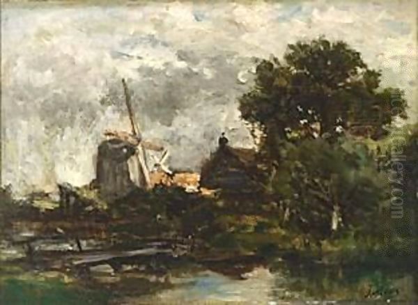 Windmills In A Polder Landscape Oil Painting by Jacob Henricus Maris