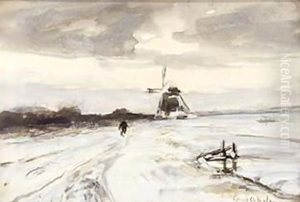 A Traveller In A Winter Landscape Oil Painting by Louis Apol