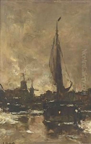 A Moored Vessel Near A Town Oil Painting by Jacob Henricus Maris