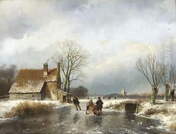 Skaters On A Frozen Waterway, A Village In The Distance Oil Painting by Andreas Schelfhout