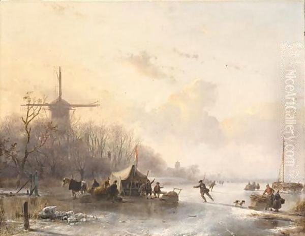 Skaters Near A 'Koek En Zopie', A Windmill In The Distance Oil Painting by Andreas Schelfhout