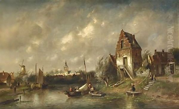 Figures In A River Landscape, A Town Beyond Oil Painting by Charles Henri Leickert