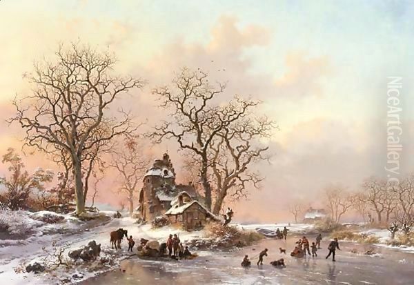 A Winter Landscape With Skaters Near A Hamlet Oil Painting by Frederik Marianus Kruseman