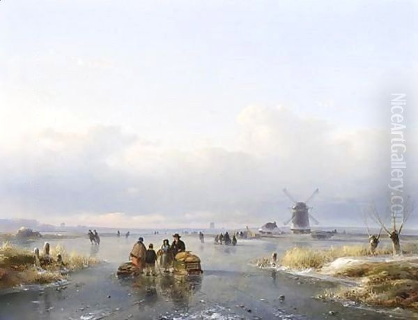 Figures On A Frozen Waterway, A A'Koek En Zopie A' In The Distance Oil Painting by Lodewijk Johannes Kleijn