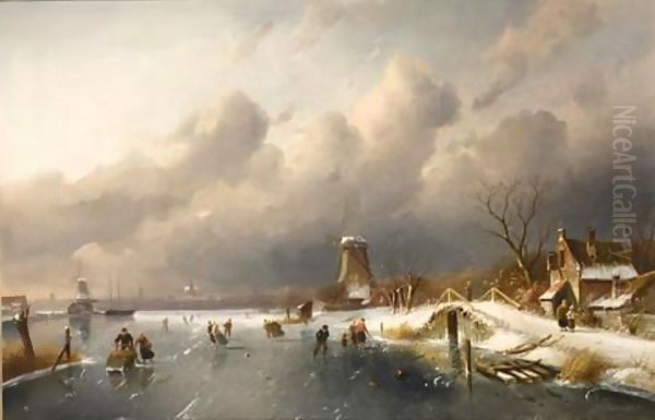 Skaters On A Frozen Waterway, Windmills In The Background Oil Painting by Charles Henri Leickert