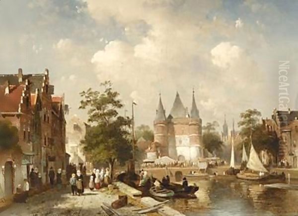 A Busy Canal Scene In A Dutch Town Oil Painting by Charles Henri Leickert