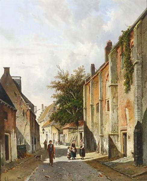 Villagers In A Sunlit Street Near The Old Hospital, Harderwijk Oil Painting by Adrianus Eversen