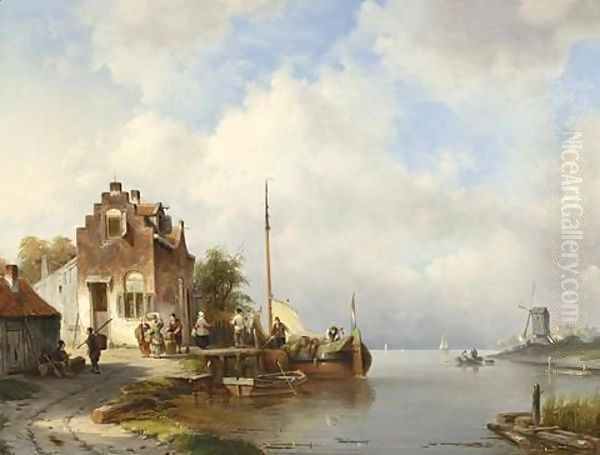 A View Of A Dutch Village On The Waterfront Oil Painting by Jacques Carabain