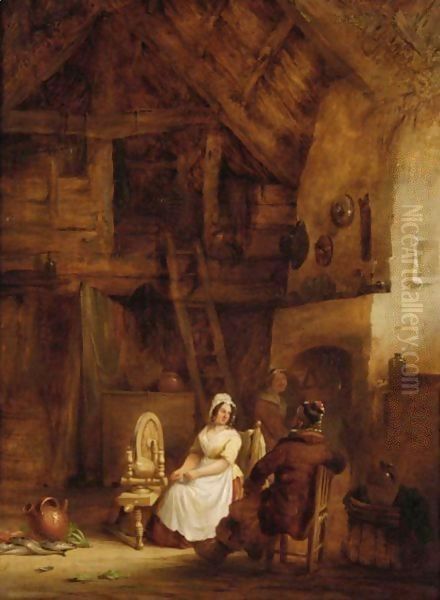 Lady Sitting At The Spinning Wheel Oil Painting by Nicholas Condy