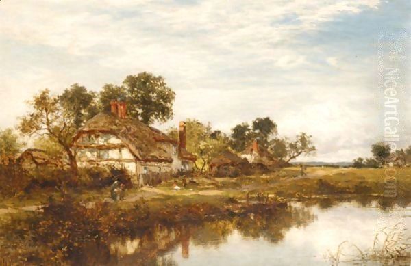 Figures Outside A Cottage By A Stream Oil Painting by Benjamin Williams Leader