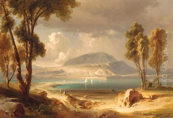 Italian Lake View Oil Painting by Friedrich Bamberger