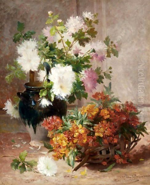 A Vase And A Basket Of Flowers Oil Painting by Eugene Henri Cauchois