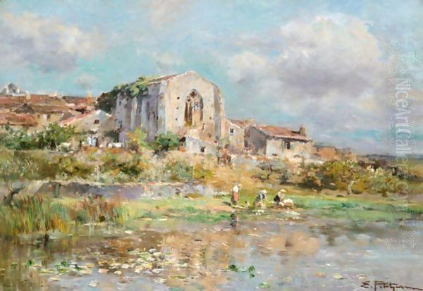 Les Lavandieres Oil Painting by Edmond Marie Petitjean