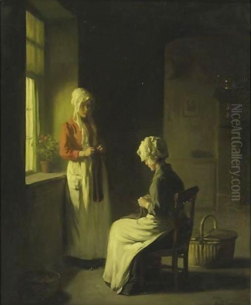 Sewing By The Window 2 Oil Painting by Claude Joseph Bail