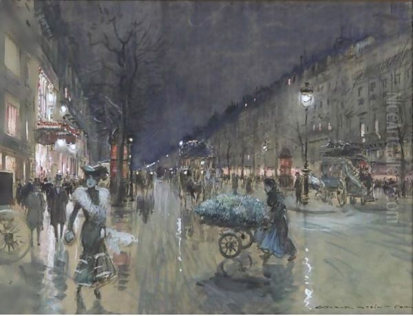 La Porte St. Denise At Night Oil Painting by Georges Stein