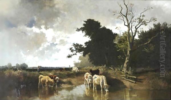 Watering Cattle Oil Painting by Joseph Wenglein