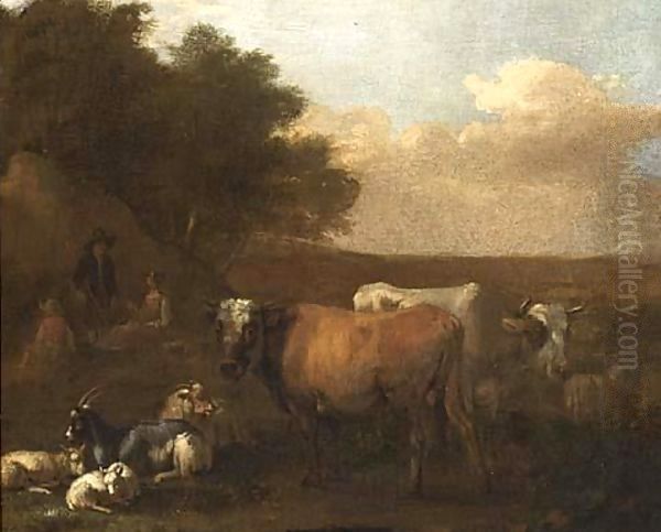 A Landscape With Shepherds Tending Their Herd Oil Painting by Albert-Jansz. Klomp