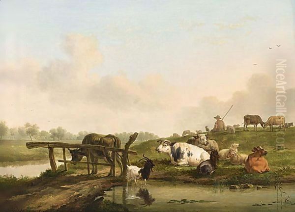 A River Landscape With A Shepherd And His Cattle Resting Oil Painting by Balthasar Paul Ommeganck