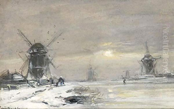 Windmills In A Winter Landscape Oil Painting by Louis Apol