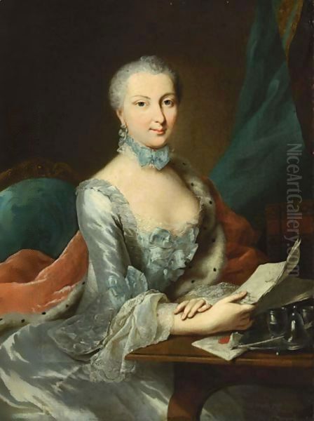 A Portrait Of A Lady, Seated Three-Quarter Length At A Desk, Wearing A Blue Dress With An Ermine-Lined Fur Mantle And Holding A Letter In Her Hand Oil Painting by Johann Heinrich The Elder Tischbein