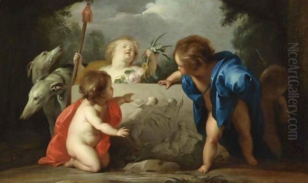 Four Putti And Two Greyhounds Admiring A Bas-Relief Showing Venus And Adonis In A Landscape Oil Painting by Jacob de Wit