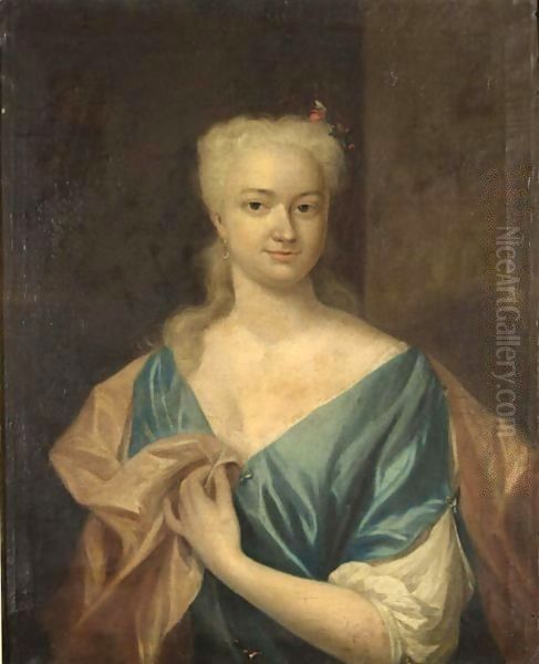 A Portrait Of Sara Louise De Laignier, Half Length, Wearing A Blue Dress With White Sleeves And A Pink Shawl Oil Painting by Philip van Dijk