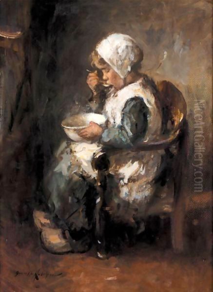 A Spoonful Of Porridge Oil Painting by Robert Gemmell Hutchison